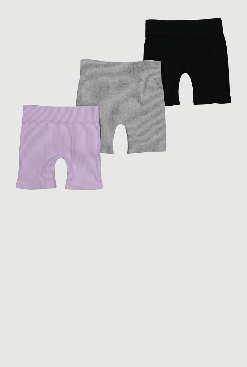 Girls Seamless Rib Knit Biker Shorts 3 Pack, Multi,