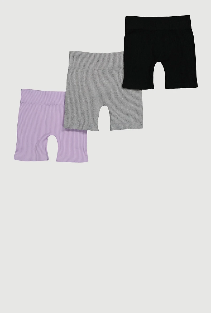 Girls Seamless Rib Knit Biker Shorts 3 Pack, Multi, Size 5-6