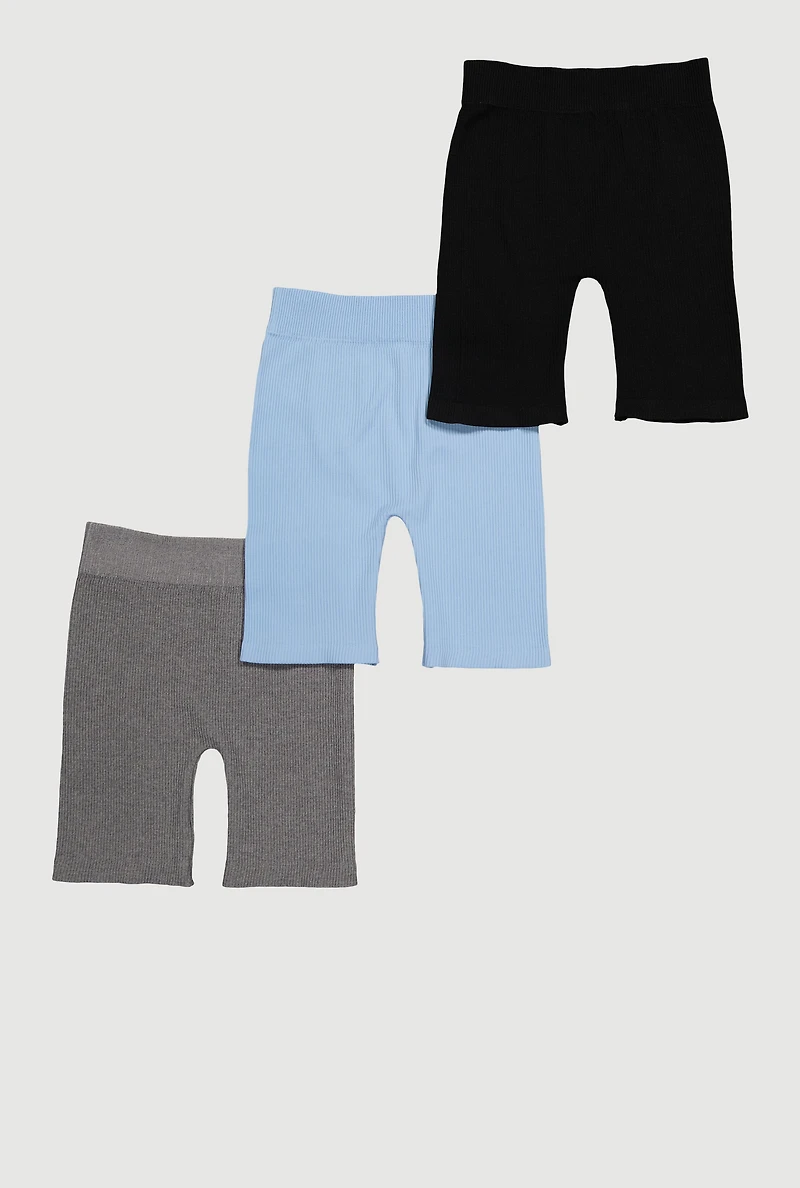 Girls Seamless Ribbed Knit Bike Shorts 3 Pack, Multi, Size 10-12