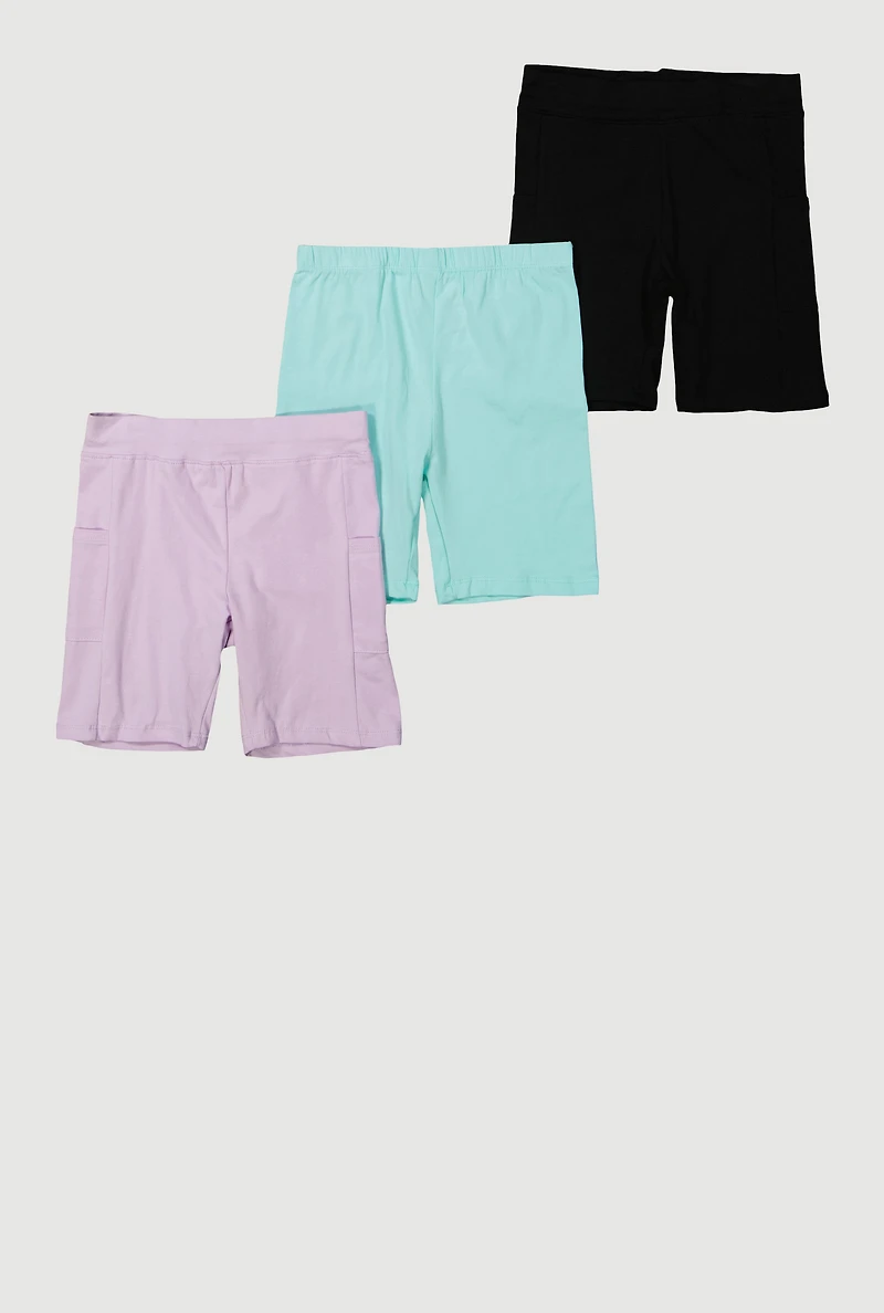 Girls Side Pocket Biker Shorts 3 Pack, Multi, Size 7-8
