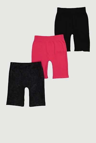 Girls Seamless Rib Knit Mineral Wash Bike Shorts 3 Pack, Multi, Size 7-8
