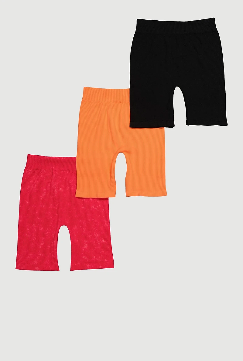 Girls Trendy Seamless Ribbed Knit Bike Shorts 3 Pack, Multi, Size 10-12