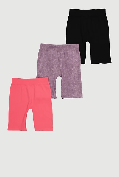 Girls Trendy Ribbed Knit Seamless Mineral Wash Bike Shorts 3 Pack, Multi,