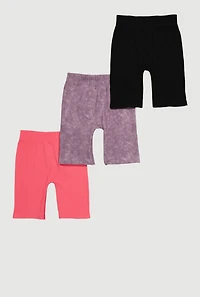 Girls Trendy Ribbed Knit Seamless Mineral Wash Bike Shorts 3 Pack, Multi,