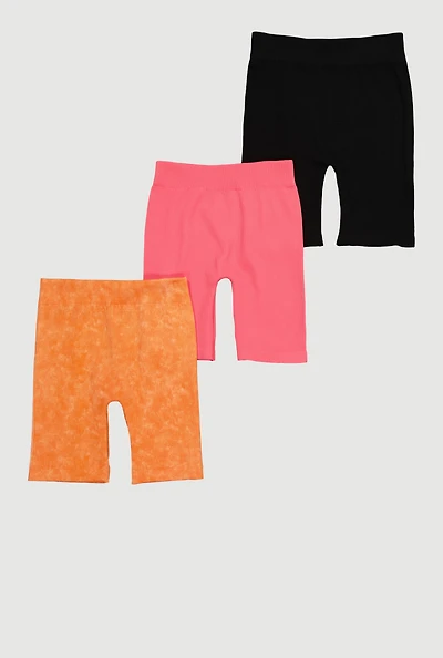 Girls Seamless Ribbed Knit Biker Shorts 3 Pack, Multi, Size 10-12