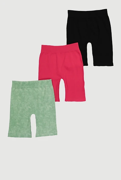 Girls Assorted Seamless Rib Knit Bike Shorts 3 Pack, Multi, Size 10-12