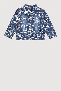Little Girls Foil Splatter Distressed Denim Jacket, Blue, Size 5-6