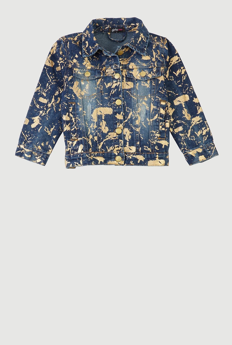 Little Girls Foil Splatter Distressed Denim Jacket