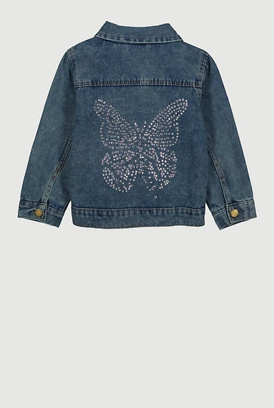 Little Girls Rhinestone Butterfly Distressed Jean Jacket