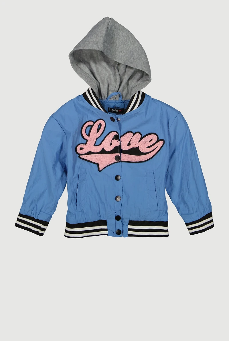 Little Girls Love Chenille Patch Hooded Varsity Jacket, Blue, Size 6X