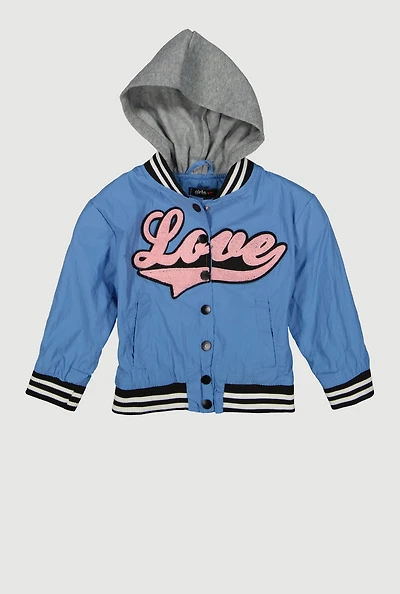 Little Girls Love Chenille Patch Hooded Varsity Jacket, Blue, Size 6X