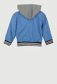 Little Girls Love Chenille Patch Hooded Varsity Jacket, Blue, Size 5-6