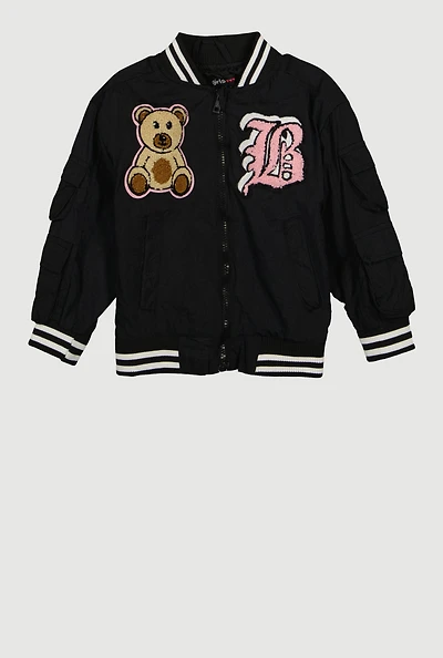 Little Girls Chenille Bear Graphic Bomber Jacket, Black, Size 6X