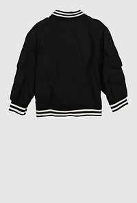 Little Girls Chenille Bear Graphic Bomber Jacket, Black, Size 6X