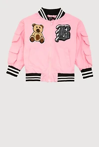 Little Girls Chenille Bear Graphic Bomber Jacket