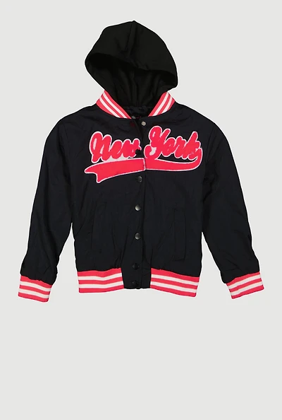 Little Girls New York Hooded Varsity Jacket, Black, Size 6X