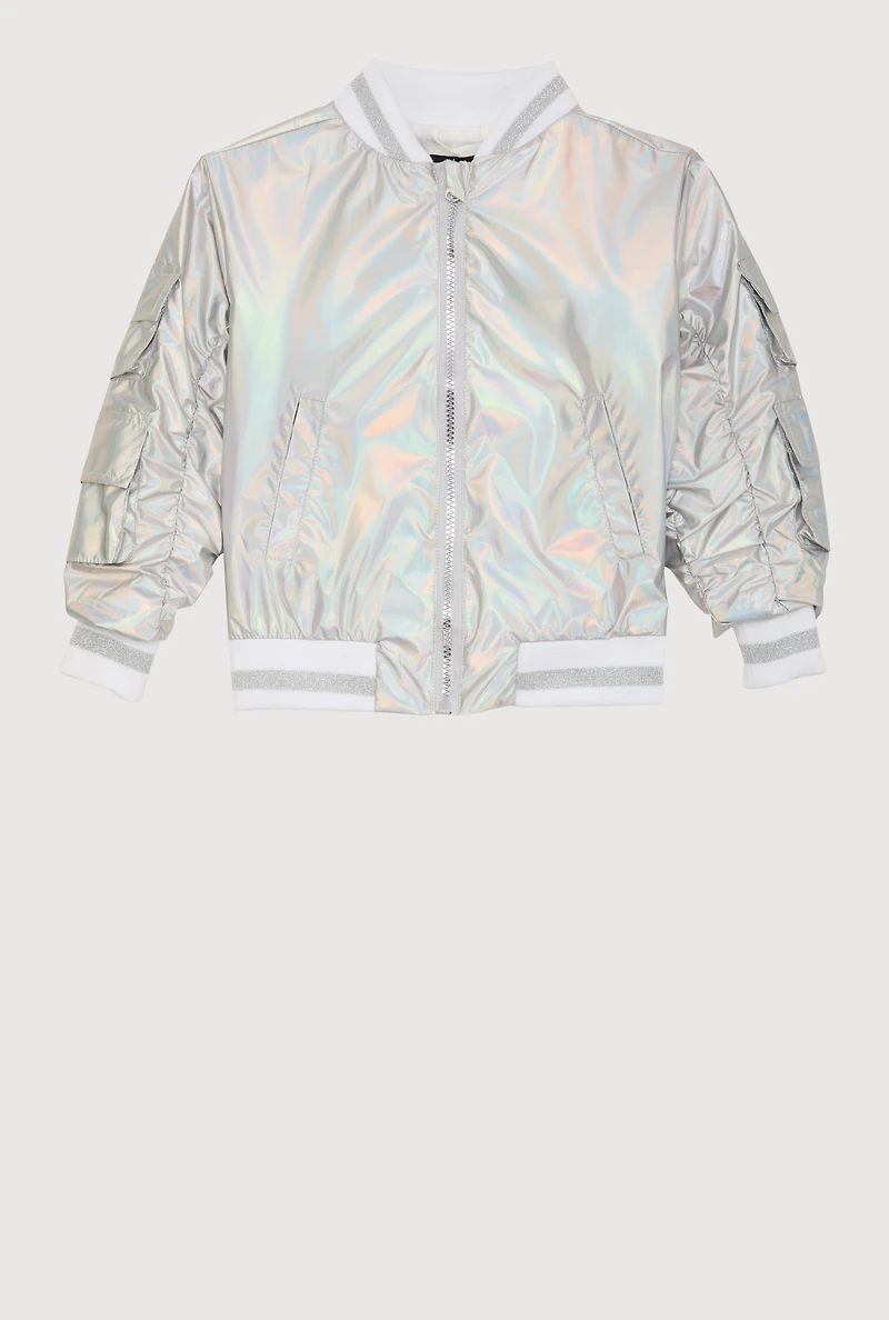 Little Girls Metallic Cargo Pocket Bomber Jacket, Grey, Size 5-6