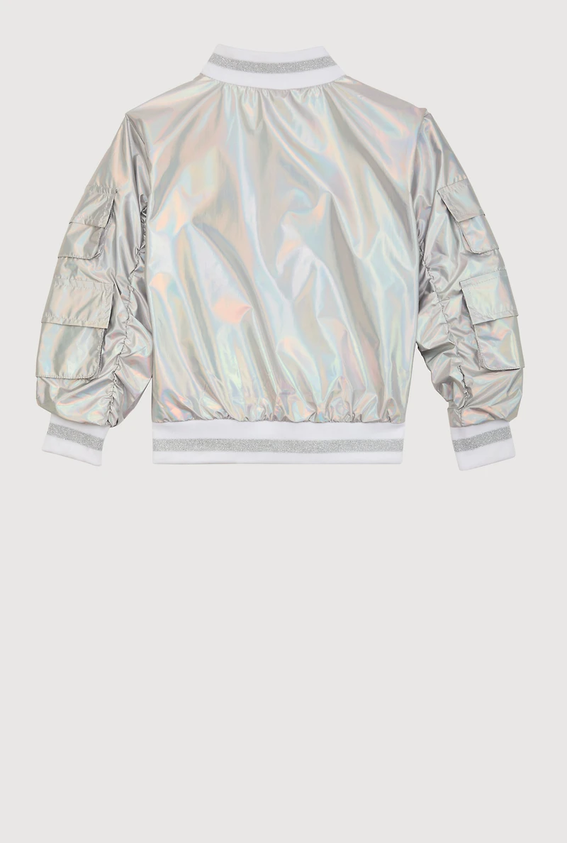 Little Girls Metallic Cargo Pocket Bomber Jacket, Grey, Size 5-6