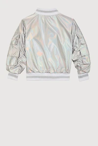 Little Girls Metallic Cargo Pocket Bomber Jacket, Grey, Size 5-6
