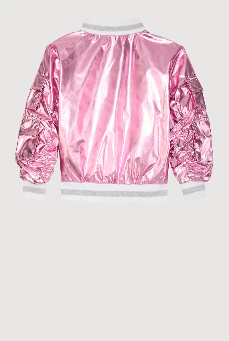 Little Girls Metallic Cargo Pocket Bomber Jacket, Pink, Size 4