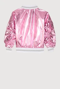 Little Girls Metallic Cargo Pocket Bomber Jacket, Pink, Size 4
