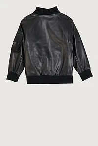 Little Girls Zip Pocket Faux Leather Bomber Jacket, Black, Size 5-6