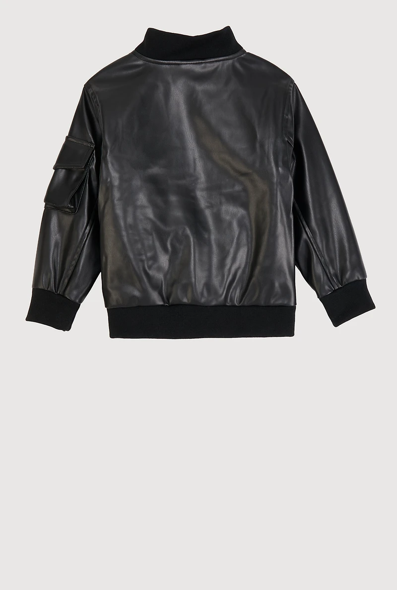 Little Girls Zip Pocket Faux Leather Bomber Jacket, Black, Size 4