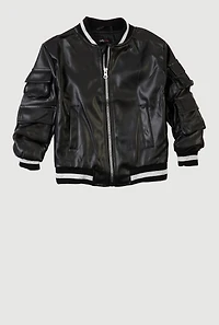 Little Girls Faux Leather Cargo Pocket Bomber Jacket