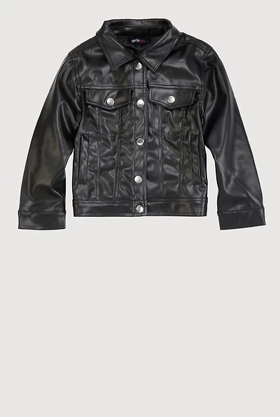 Little Girls Faux Leather Button Front Jacket, Black, Size 5-6