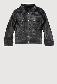 Little Girls Faux Leather Button Front Jacket, Black, Size 5-6