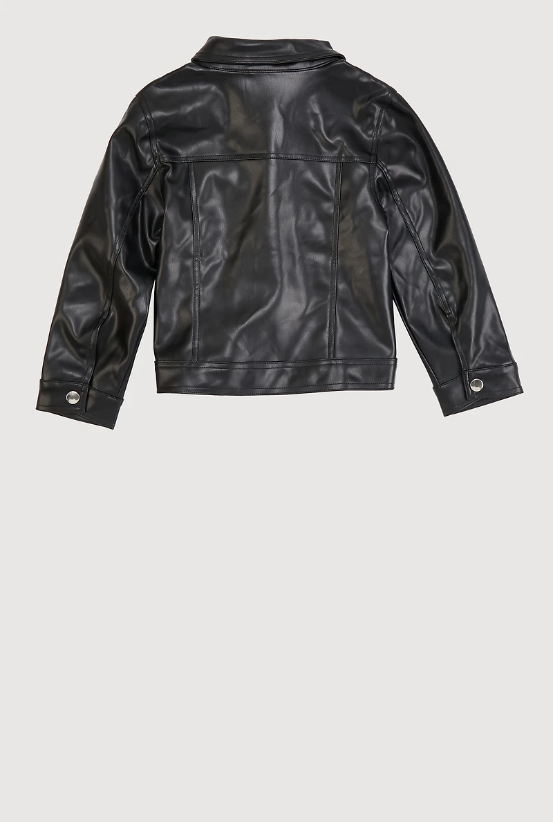 Little Girls Faux Leather Button Front Jacket, Black, Size 4