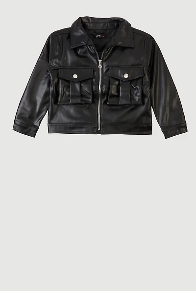 Little Girls Zip Front Faux Leather Jacket, Black, Size 6X