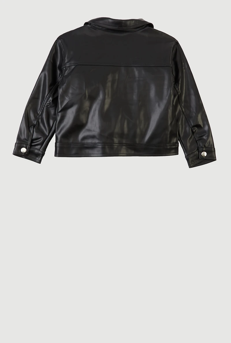 Little Girls Zip Front Faux Leather Jacket, Black, Size 6X