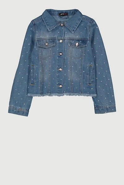 Girls Rhinestone Studded Frayed Hem Denim Jacket
