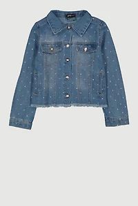 Girls Rhinestone Studded Frayed Hem Denim Jacket