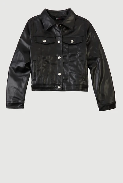 Girls Faux Leather Button Front Jacket, Black, Size 10-12