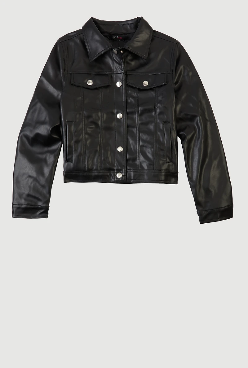 Girls Faux Leather Button Front Jacket