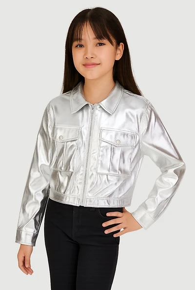 Girls Faux Leather Zip Front Jacket