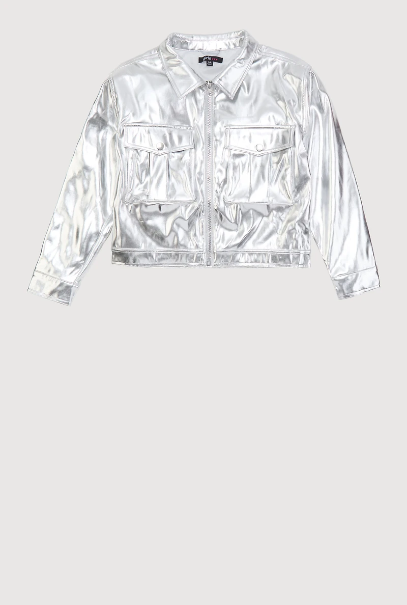 Girls Faux Leather Zip Front Jacket