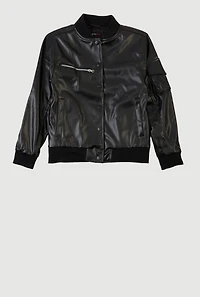 Girls Faux Leather Snap Button Bomber Jacket