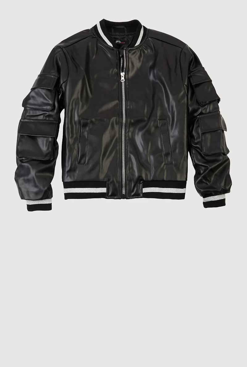 Girls Faux Leather Cargo Bomber Jacket