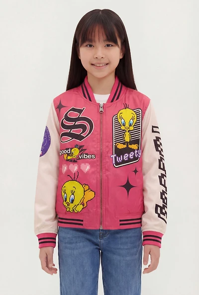 Girls Southpole Tweety Graphic Varsity Stripe Windbreaker