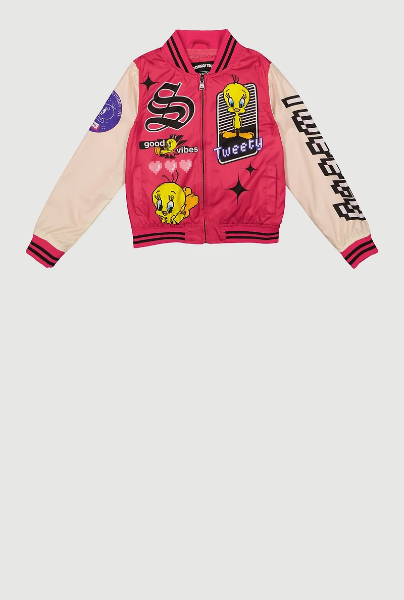 Girls Southpole Tweety Graphic Varsity Stripe Windbreaker