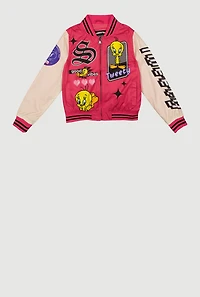 Girls Southpole Tweety Graphic Varsity Stripe Windbreaker