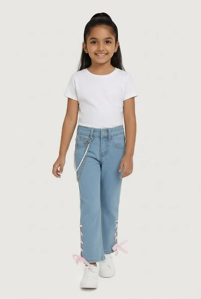 Little Girls Lace Up Detail Flare Leg Jeans with Chains, Blue, Size 5