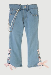 Little Girls Lace Up Detail Flare Leg Jeans with Chains, Blue, Size 5