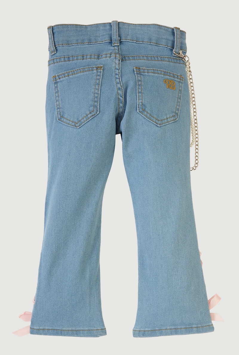 Little Girls Lace Up Detail Flare Leg Jeans with Chains, Blue, Size 5