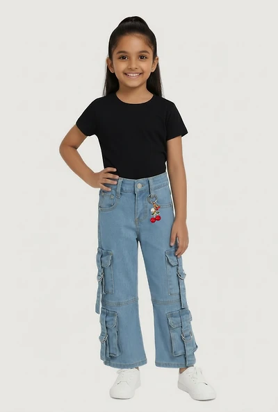 Little Girls Straight Leg Cherry Charm Detail Jeans