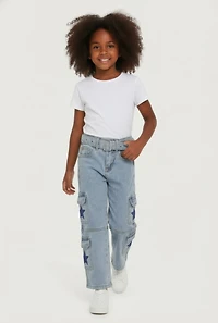 Little Girls Star Graphic Straight Leg Belted Cargo Jeans