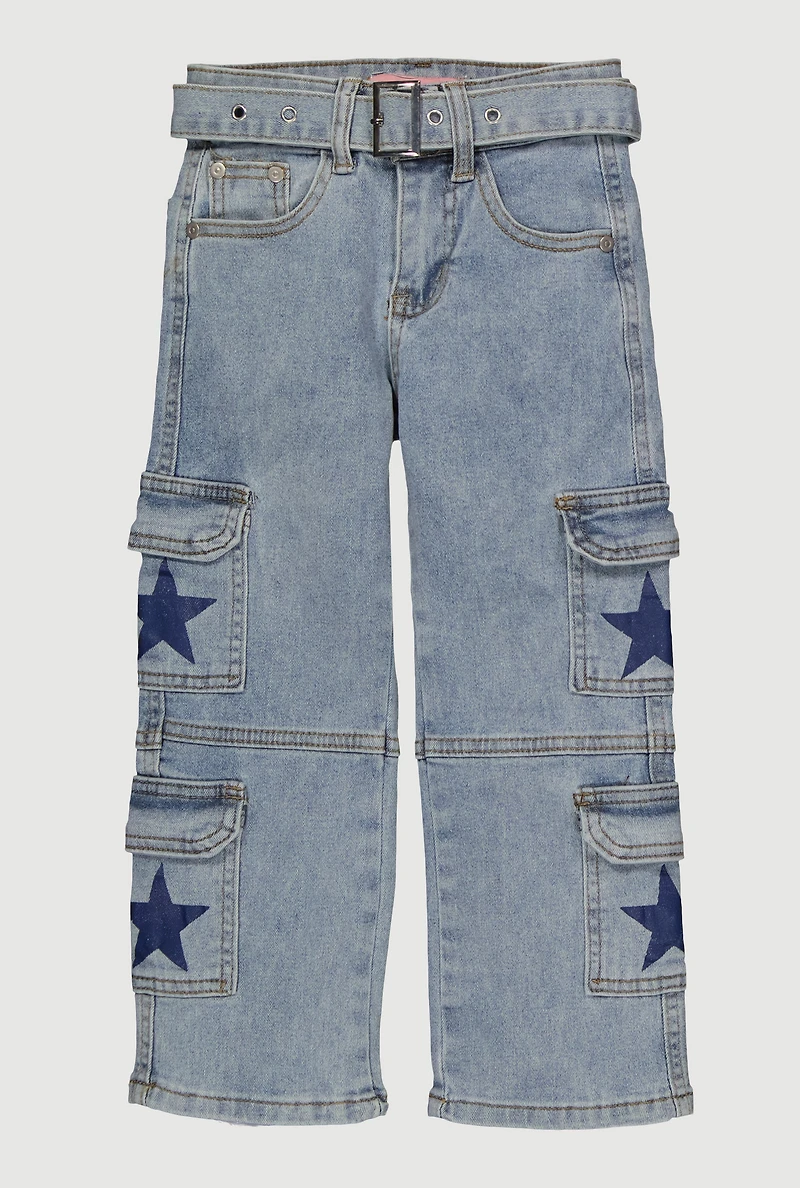 Little Girls Star Graphic Straight Leg Belted Cargo Jeans